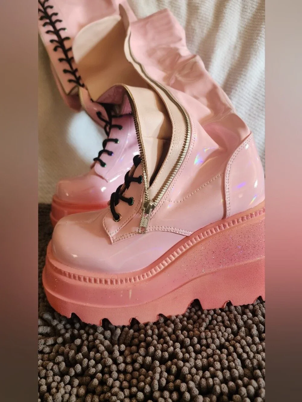 Pink Platform Thigh-high  Lace-Up Boots - Demonia